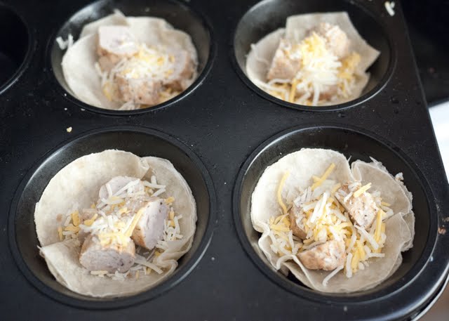 photo showing how to assemble the burrito cups in a muffin tin