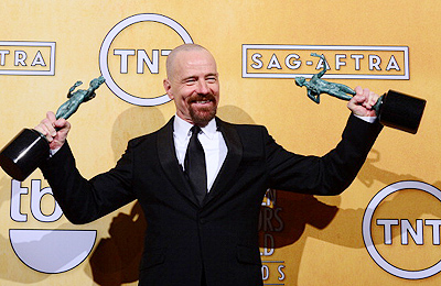 Actor Bryan Cranston, winner of Outstanding Performance by a Male Actor in a Drama Series for 'Breaking Bad' and Outstanding Performance by a Cast in a Motion Picture for  'Argo,' during the 19th Annual Screen Actors Guild Awards, held at The Shrine Auditorium in Los Angeles on January 27, 2013. (Getty Images)
