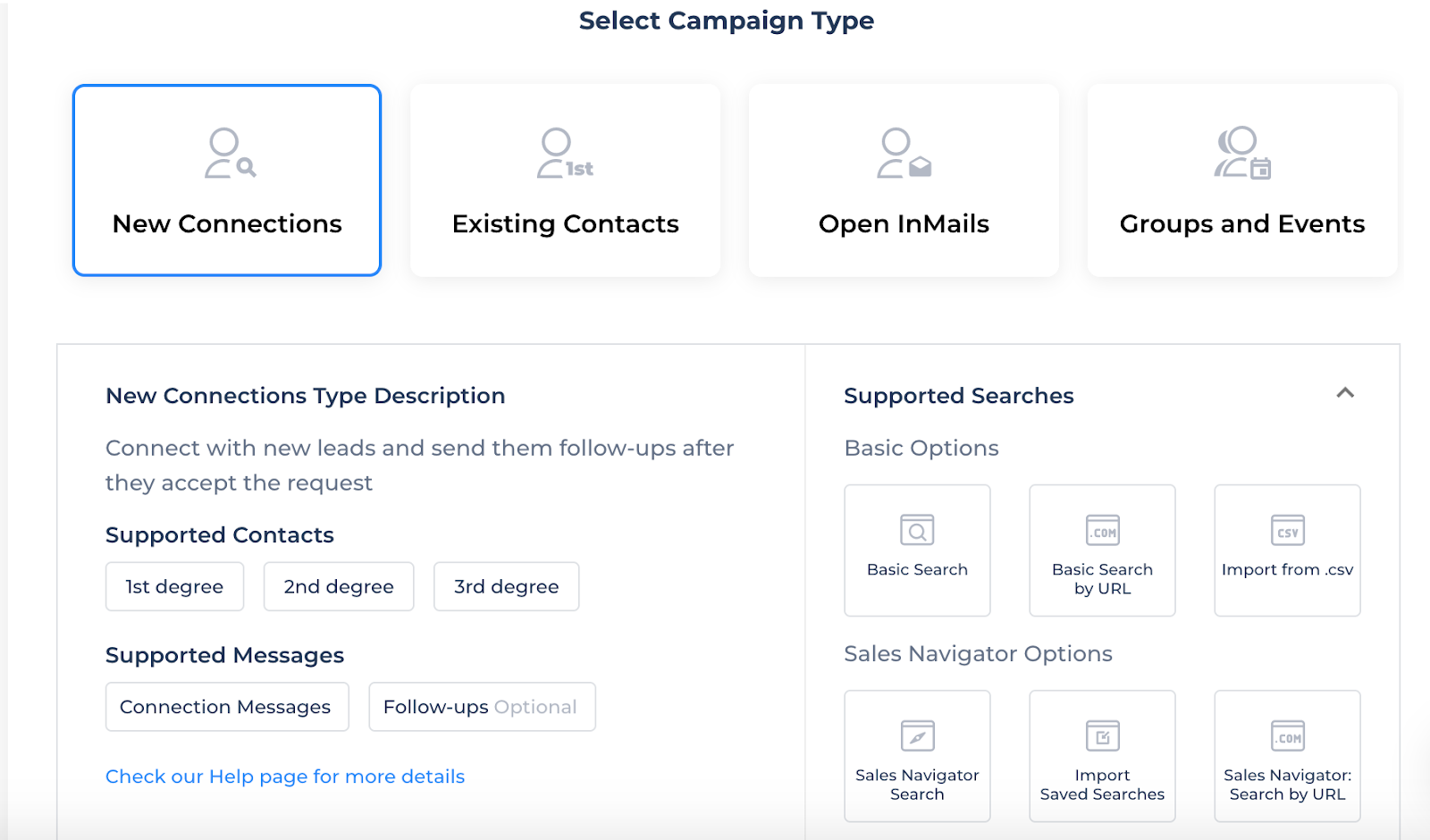 Different lead generation campaign types possible with Salesflow.