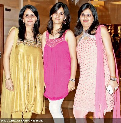 Ritu, Rinky and Samaira pose for cameras as they arrive at Varshita and Sanjay's sangeet bash, held in the city recently.