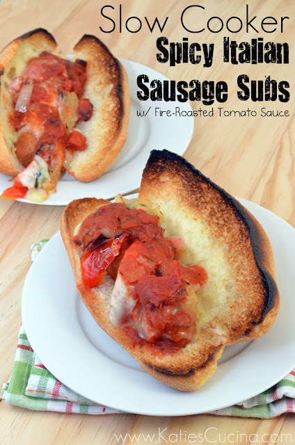 Slow Cooker Spicy Italian Sausage Subs with Fire-Roasted Tomato Sauce #recipe #Italian #SlowCooker #CrockPot #SuperBowl