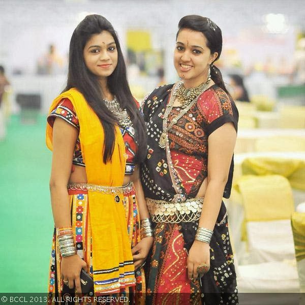 Shivani poses with Vaishnavi during the Dandiya Dance night organised by Nandhari at SS Function Hall in Hyderabad.