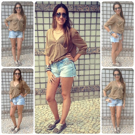 Carol e seu short jeans customizado com tachas