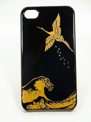 Maki-e iPhone 4/4S Cover Case Made in Japan - Tsuru to Nami -Crane with Waves
