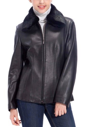 BGSD Women's Rabbit Fur Trim Lambskin Leather Jacket with Zip-Out Liner - Bla...