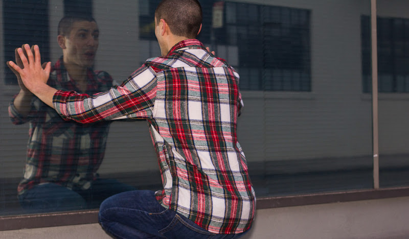 Red Plaid Flannel Window Reflection
