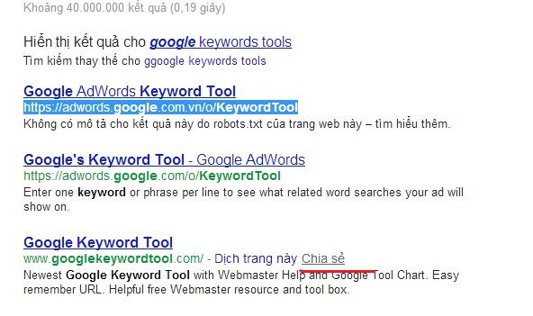 Chức năng Chia sẻ nằm ngay cạnh URL trên kết quả tìm kiếm Google