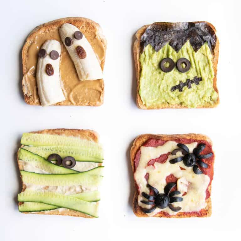Halloween monster toast in different flavor variations on a white background.