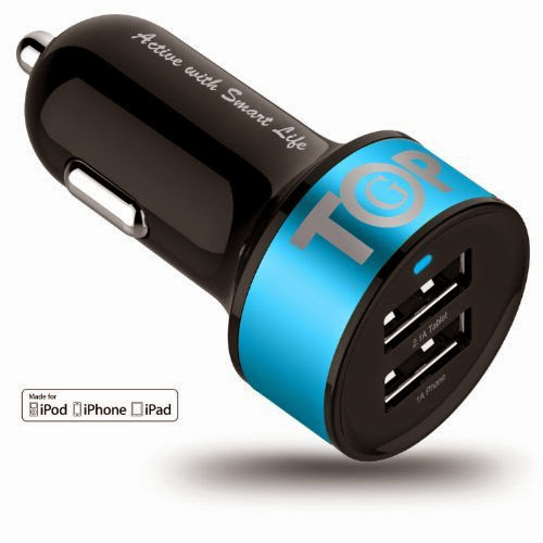  USB Car Charger 5V 3.1Amp 15.5W - 1.0A  &  2.1A Dual Universal Ports Power Supply For Apple iPods, iPhones, iPad, Cell Phones  &  Tablet, All Android Devices, Mobile Travel Charger TopG Smart Mini MFI Apple Approved - BLACK / Ocean Blue