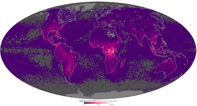 Mapa de la densidad de rayos en la Tierra