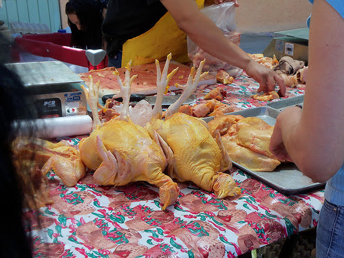 The whole chickens for sale at the Tianguis de Chapala, Mexico