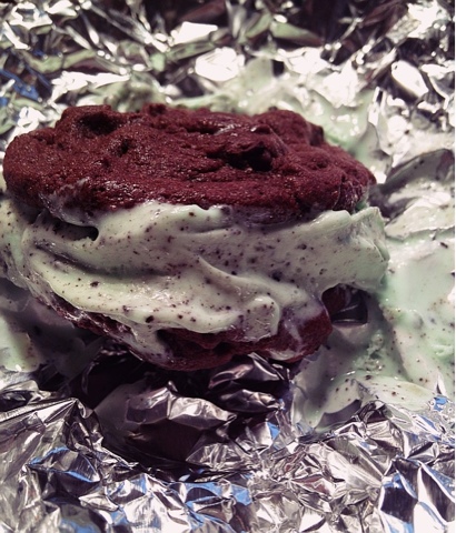 double chocolate chip cookies and mint chip ice cream sandwich