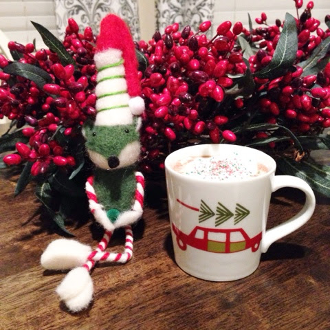 christmas mug with woody station wagon and tree on top