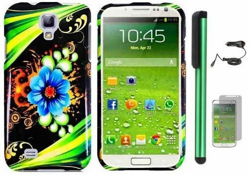  Samsung Galaxy S4 i9500 Combination - Premium Vivid Design Protector Hard Cover Case / Car Charger / Screen Protector Film / 1 of New Assorted Color Metal Stylus Touch Screen Pen (Blue Aqua Flower Green Stripes On Black)