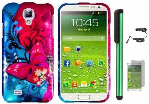  Samsung Galaxy S4 i9500 Combination - Premium Vivid Design Protector Hard Cover Case / Car Charger / Screen Protector Film / 1 of New Assorted Color Metal Stylus Touch Screen Pen (Pink Butterfly Bliss Blue Swirl)