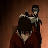 Zuko sitting in a chair; Mai throws a rolled-up paper at his head