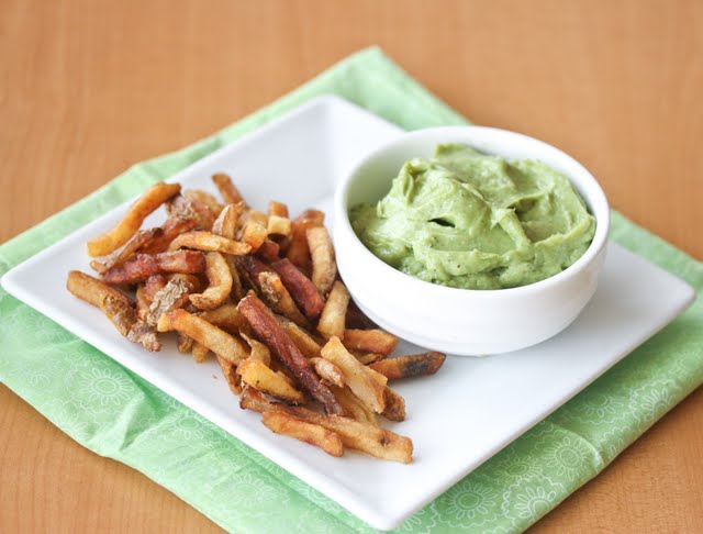 photo of a bowl of Avocado Ranch Dip with french fries