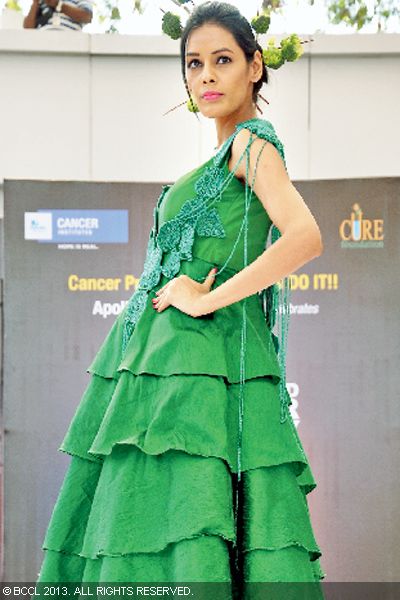 Sadhna walks the ramp during a fashion event, organised by a hospital on World Cancer Day, in Hyderabad.