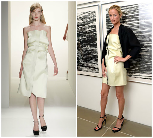 Carolyn Murphy en robe bustier en matière légère de Calvin Klein
