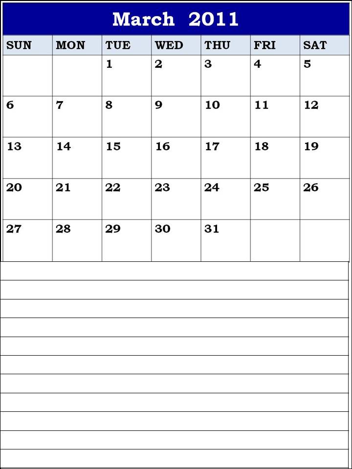 blank calendar 2011 march. Blank Calendar 2011 March