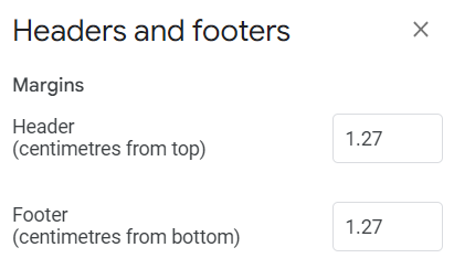 Margin options for Headers and Footers.