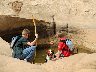 The kids and Torrey playing in a pothole