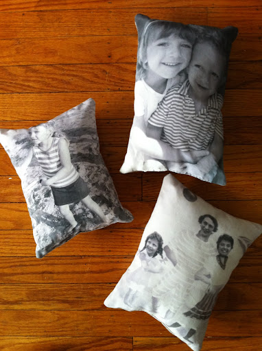 Finished pillows - 2 with grandchildren and one vintage photo from her childhood.