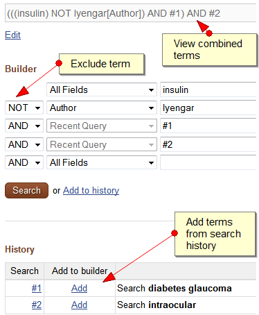 Advanced search box example.  "(((insulin) NOT lyengar[Author]) AND #1) AND #2" is the search example.