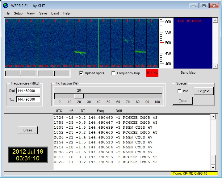 19 July 2012 - Strong 2 meter WSPR signals
                      received at KP4MD from KC6KGE in Taft, CA 265
                      miles away. Hepburn predicted tropospheric
                      enhancement around station KC6KGE in Taft,
                      California at 1800 UTC on 18 July and again at
                      0600 UTC on 19 July