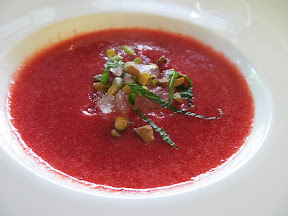 chilled strawberry soup served with champagne ice, pistachios and mint, H50 Bistro Bar, Hotel 50 restaurant, Portland, waterfront restaurant