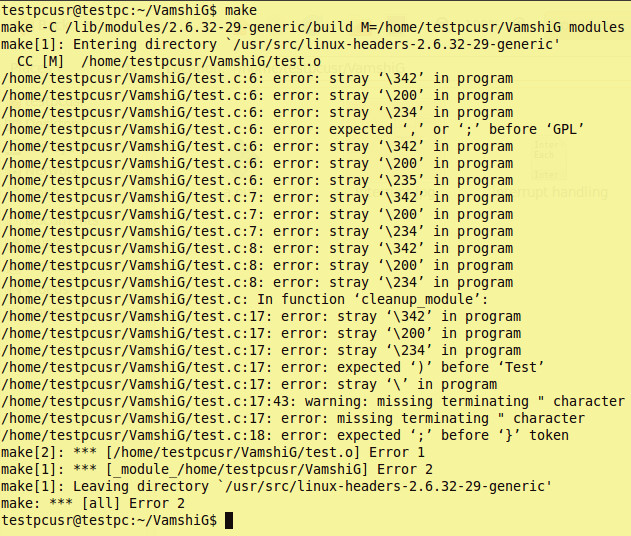 Linux Kernel Programming Compilation error stray ‘\342’ in program