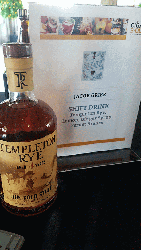 Jacob Grier created a cocktail called Shift Drink with Templeton Rye, Lemon, Ginger Syrup, and Fernet Branca for CigarBQue 2016