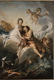 The painting Aurōra and Cephalus, created in 1733 by François Boucher, depicts the serene setting of Aurora and Cephalus seated amongst the clouds, surrounded by the beauty of nature, animals, and cherubs. 