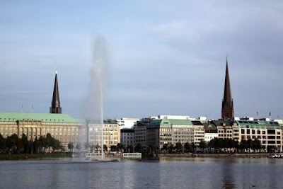 Fountain on the Binnen Alster lake in Hamburg Germany