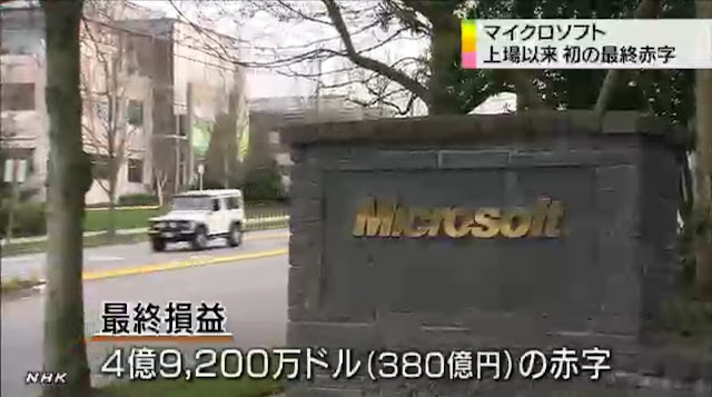 マイクロソフトが最終赤字に転落 ６２億ドル(日本円で４８００億円)の巨額の損失を計上