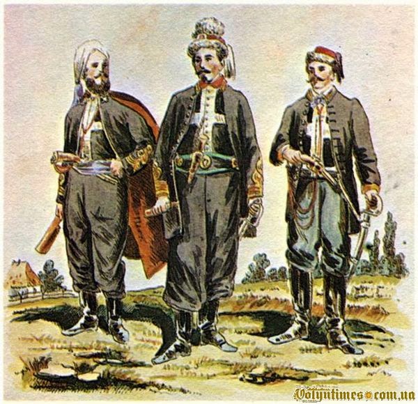"Зуави смерті" ("Żuawy śmierci") - стоять зліва направо-граф Войчех Коморовський, полковник Франтішек (Франсуа) Рошебрюн, поручик Тененте Белла.