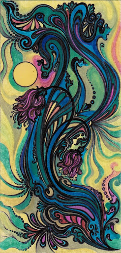 sun-tulip-miracle معجزه خورشید و لاله گل ختایی اسلیمی ساقه شاخه آفتاب ابر و باد نسیم امواج موج مواج رنگهای خروشان درخشان طراحی مذهب با خودکار رنگ آمیزی با ماژیک نگارگری تذهیب مینیاتور نقاشی اثر سید امین نبی پور