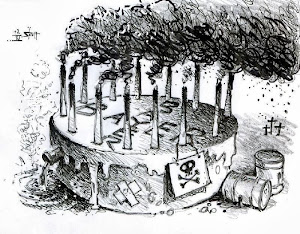 Cartoon: Geburtstagstorte mit Bayerkreuz und qualmenden Bayer-Schornstein-Kerzen. Im Hintergrund Grabkreuze.