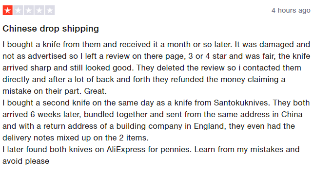 Review from an unsatisfied customer  on Trustpilot