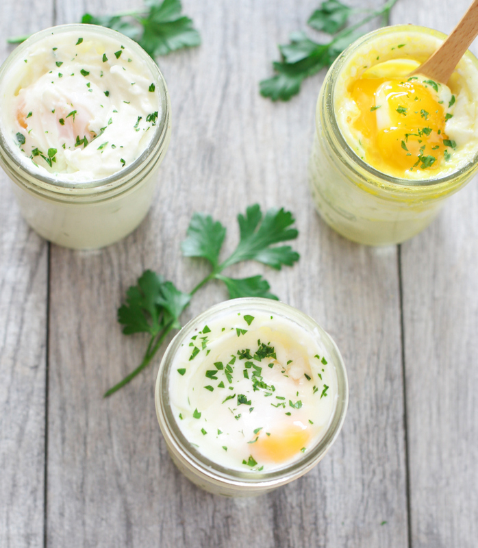 overhead photo of three jars filled with Coddled Eggs with Mashed Potatoes