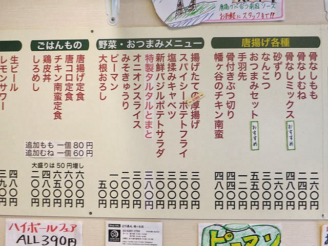 店内のメニュー