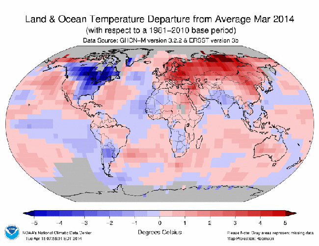 Informe climático de la Tierra. Marzo de 2014, el cuarto más cálido desde 1880