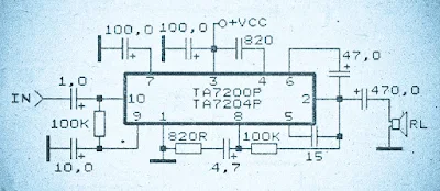 10 watt power amplifier based on TA7200P has a 3,3 W output and the equation of TA7204P has a power output of 4,2 W