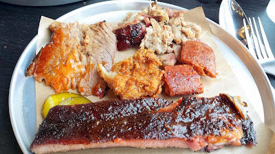 Reverend's BBQ My Meat Plate that included Smoked Pork Sparerib, Fried Chicken Boneless Thigh piece, Beef Brisket, Chopped Pork Shoulder and samples of the Smoked Sausage Trio