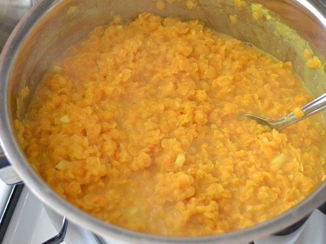 cooked lentils in pot (liquid absorbed) 