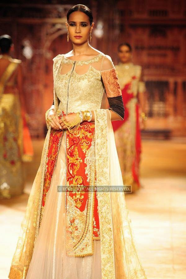 A model walks the ramp for Sulakshana on Day 6 of India Couture Week, 2014, held at Taj Palace hotel, New Delhi.