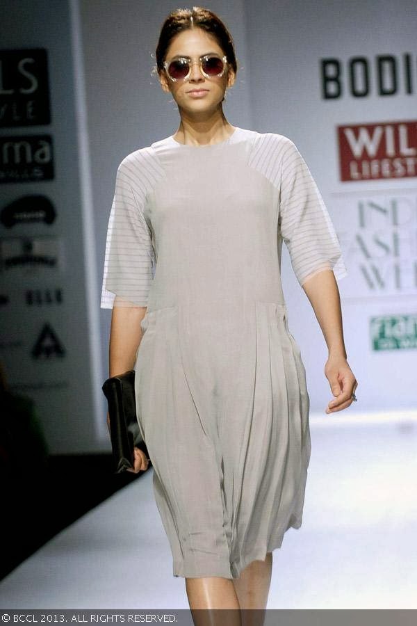 Donna flaunts a creation by fashion designer Ruchika Sachdev on Day 3 of Wills Lifestyle India Fashion Week (WIFW) Spring/Summer 2014, held in Delhi.