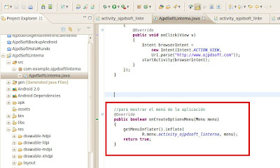 Código Java en aplicación Android para cargar fichero XML de menú