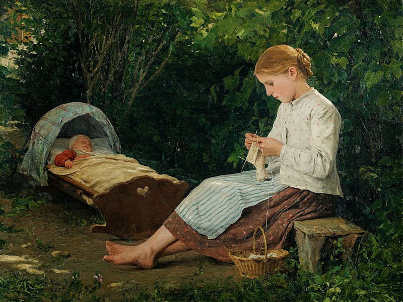Albert Anker - Knitting Girl Watching the Toddler in a Craddle (1885)