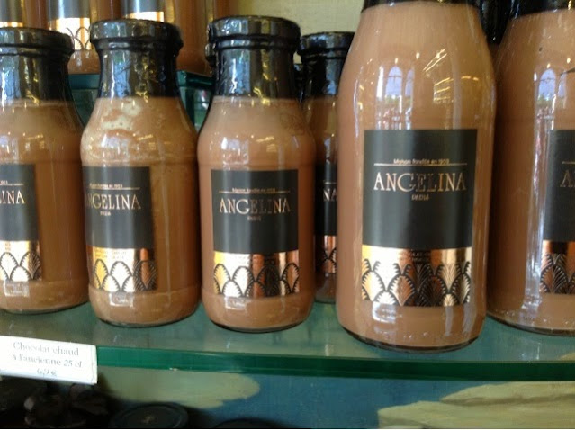 Bottles of Angelina hot chocolate on the shelf